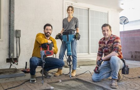 Mandy Moore, alongside Drew and Jonathan Scott, as they demo the outdoor patio area for Mandy’s longtime friend Celina