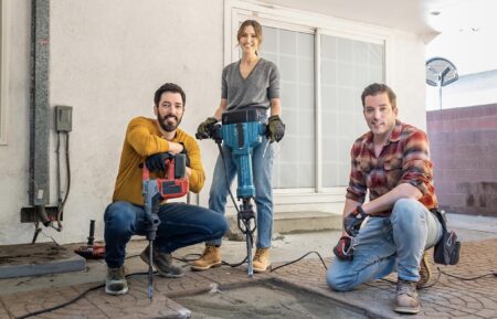 Mandy Moore, alongside Drew and Jonathan Scott, as they demo the outdoor patio area for Mandy’s longtime friend Celina. Celina is Mandy’s MVP, she does it all for Mandy and her family, as seen on 'Celebrity IOU.'