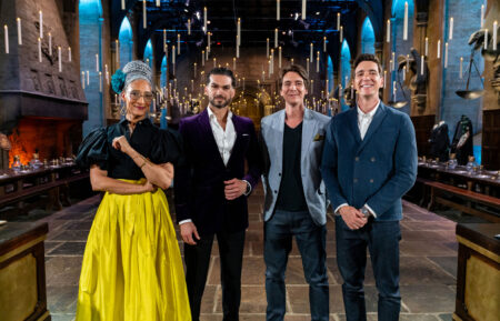 Judges Carla Hall and Jozef Youssef with Hosts James and Oliver Phelps in The Great Hall, as seen on Harry Potter: Wizards of Baking