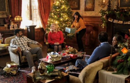 Utkarsh Ambudkar, Rose McIver, Punam Patel, Bernard White, and Sakina Jaffrey in 'Ghosts' Season 4 holiday episode