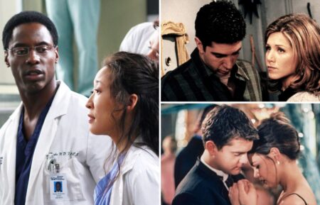 Isaiah Washington as Dr. Preston Burke and Sandra Oh as Dr. Cristina Yang on 'Grey’s Anatomy', David Schwimmer as Ross Geller and Jennifer Aniston as Rachel Green on 'Friends', and Joshua Jackson as Pacey Witter and Katie Holmes as Joey Potter in 'Dawson's Creek'