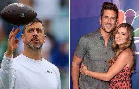 JACKSONVILLE, FLORIDA - DECEMBER 15: Aaron Rodgers #8 of the New York Jets looks on before the game against the Jacksonville Jaguars at EverBank Stadium on December 15, 2024 in Jacksonville, Florida and BEVERLY HILLS, CALIFORNIA - AUGUST 08: (L-R) Jordan Rodgers and JoJo Fletcher attend the 2019 TCA NBC Press Tour Carpet at The Beverly Hilton Hotel on August 08, 2019 in Beverly Hills, California.