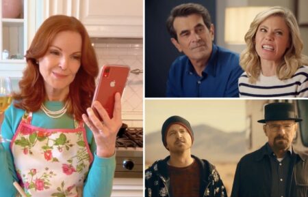 Marcia Cross in a Series Mania ad, Ty Burrell and Julie Bowen in a WhatsApp ad, and Aaron Paul and Bryan Cranston in a PopCorners ad