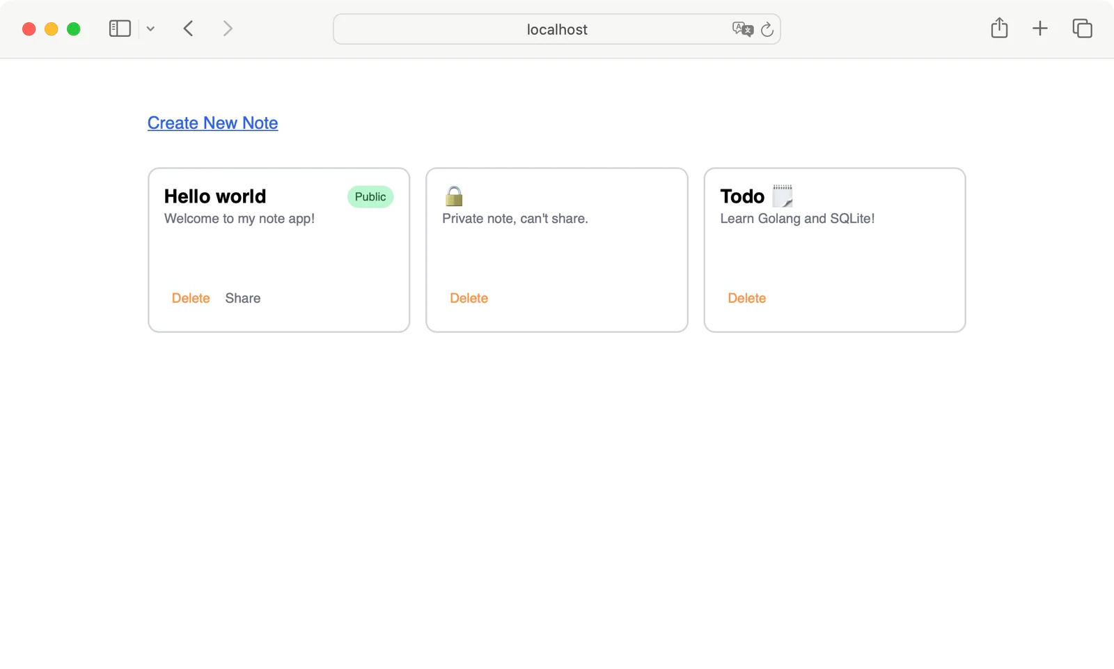 Screenshot of a note-taking web app showing three notes with options to create, delete, and share. Screenshot of the note-taking app in Safari on macOS showing showing three existing notes in a horizontal grid, with options to delete and share them, and a Create New Note above the three notes.