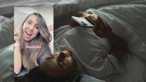 Woman lying in bed looking at friendship application on TikTok