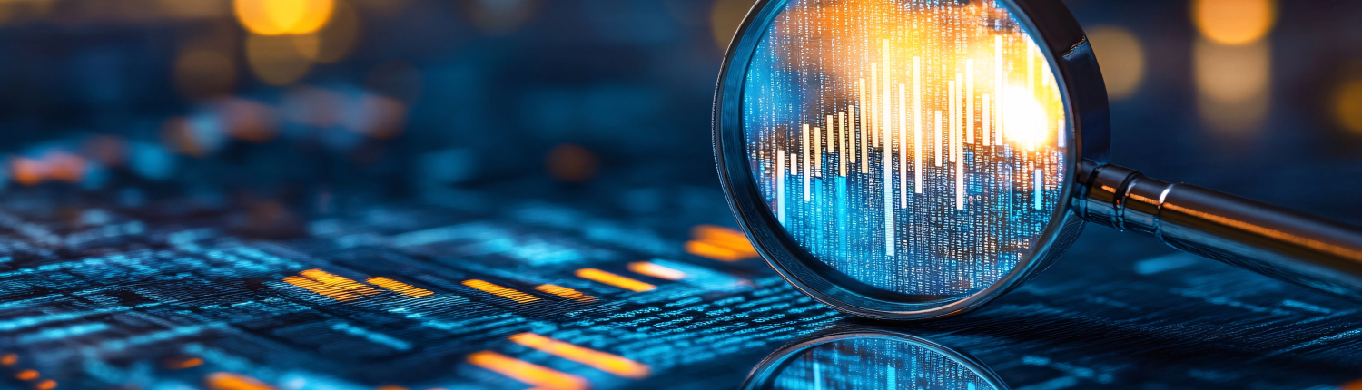Magnifying glass showing data analysis on digital background Magnifying glass is showing data analysis on digital background with glowing graphs and code
