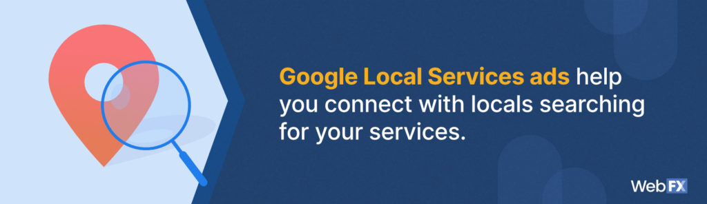 Location pin and magnifying glass icons representing Google Local Services on blue background