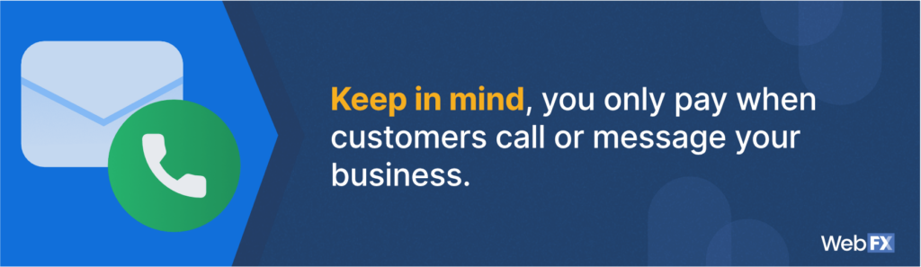 Email and phone icons with text explaining pay-per-contact business model, featuring WebFX branding