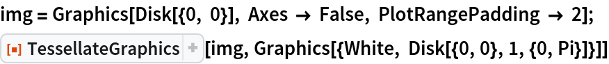 img = Graphics[Disk[{0, 0}], Axes -> False, PlotRangePadding -> 2];
ResourceFunction["TessellateGraphics"][img, Graphics[{White, Disk[{0, 0}, 1, {0, Pi}]}]]