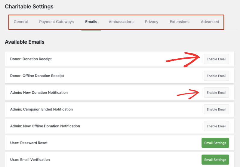 Enable donor receipt and admin notification email | Charitable Enable donor receipt and admin notification email
