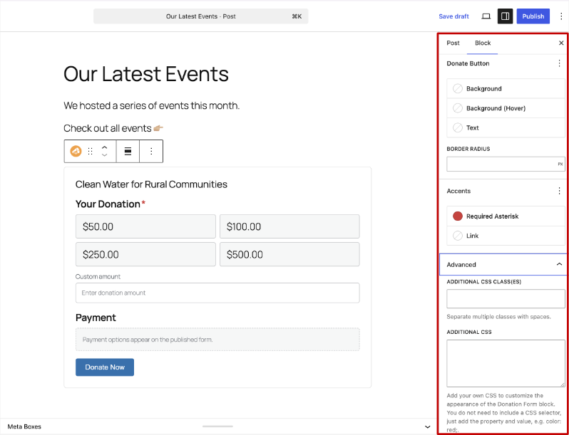 configuración del bloque de formulario de donación 2 | Charitable Los grupos de estilo Botón de donación y Acentos, con la muestra de color del asterisco de campo obligatorio establecida en rojo.