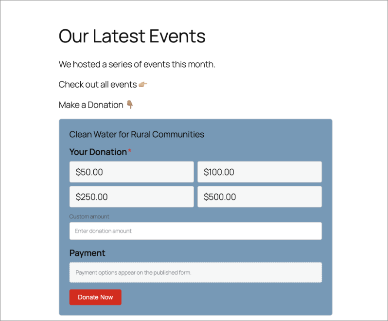 formulario de donación de ejemplo | Charitable Un bloque de formulario de donación estilizado incrustado directamente en una publicación de WordPress, con un contenedor de formulario azul y un botón "Donar ahora" rojo que coincide con el esquema de color de la página.