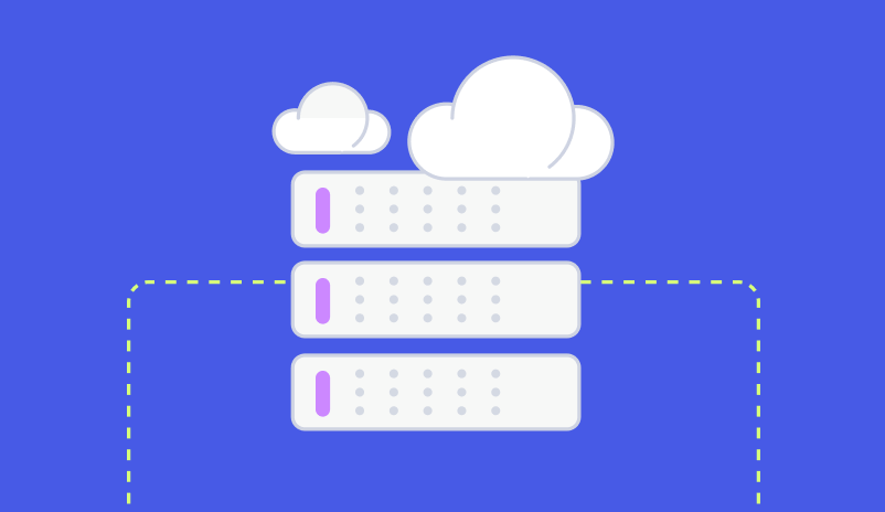 Illustration Of Cloud Computing With Two Large Servers, A Smaller Server, And Three Cloud Icons Against A Blue Background.