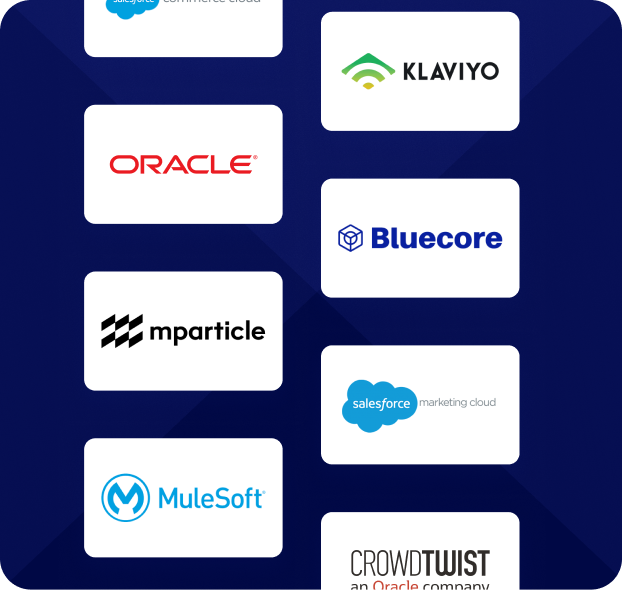 Logos of nine companies: Salesforce, Oracle, mParticle, MuleSoft, Klaviyo, Bluecore, Salesforce Marketing Cloud, and CrowdTwist, displayed on a dark blue background.