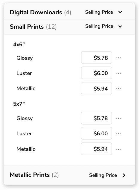 Print pricing list: digital downloads, small prints (4x6, 5x7, glossy, luster, metallic finishes), metallic prints. Prices...