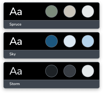 Three color palettes: Spruce (greens and white), Sky (blues and white), Storm (grays and white). Each includes text samples
